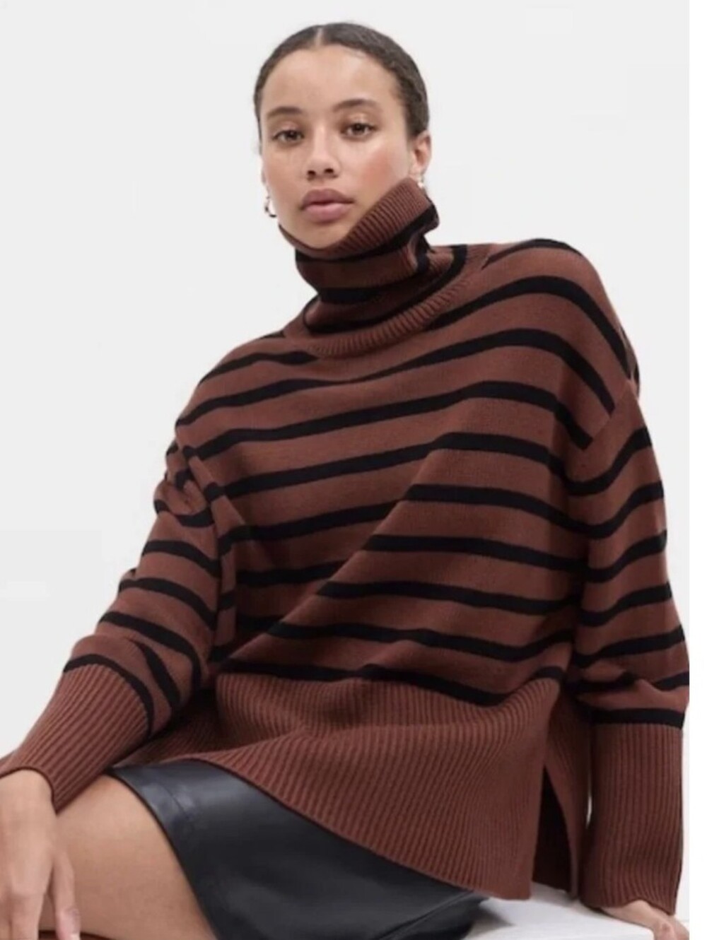 Gap 24/7 Split-Hem Turtleneck Sweater Chocolate Brown Striped NWT Women's Sz M